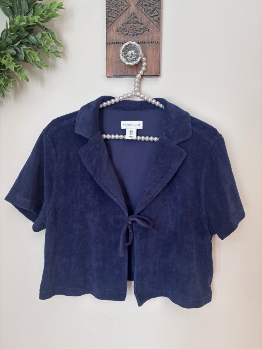 Sincerely Jules Womens Size S Blue Terry Cardigan Short Sleeve Tie Front